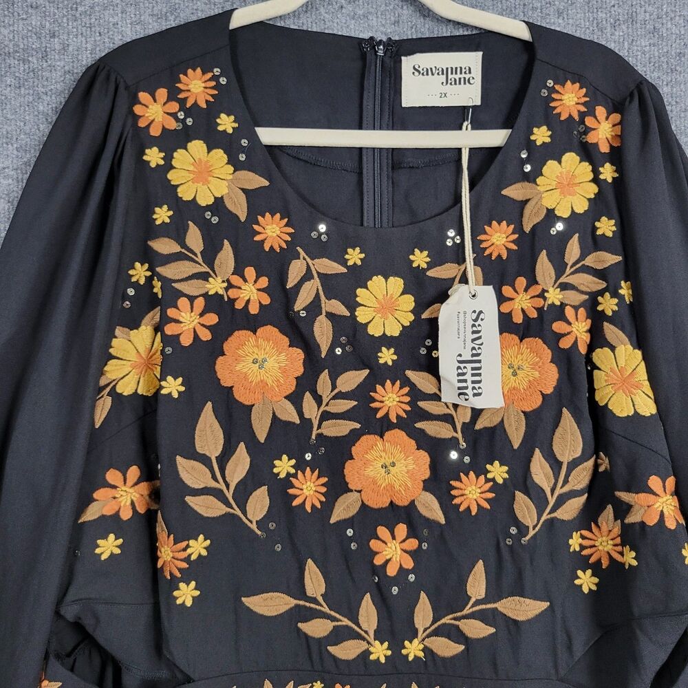 NWT SAVANNA JANE Black Orange Fall Floral Embroidery Cut Out Peasant Top SIZE 2X - Picture 4 of 13